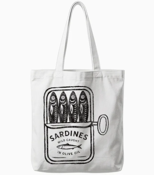 Vintage Sardinen Dose Retro Dosenfisch & Feinschmecker Motiv Tote Bags in White
