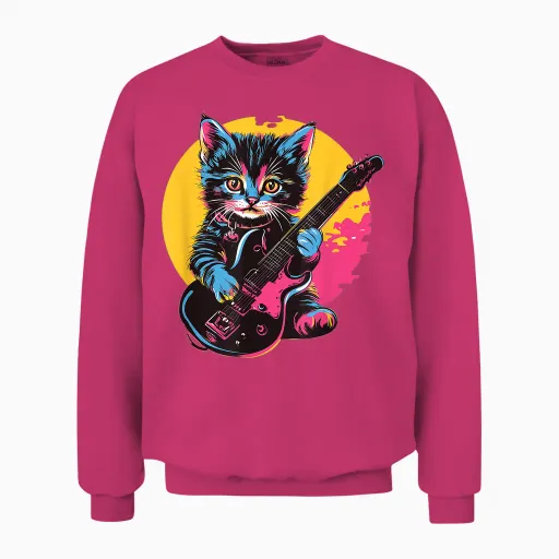 Cute Kitten Playing Guitar Rock Style T-Shirt, Black, S Unisex Sweatshirt - Heliconia
