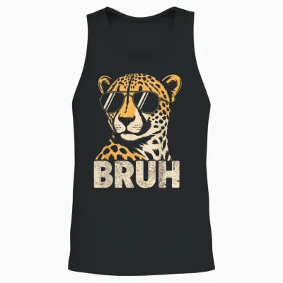 Bruh Cheetah Meme Graphic Tee Men Boys Animal Print Unisex Tank Top - Black