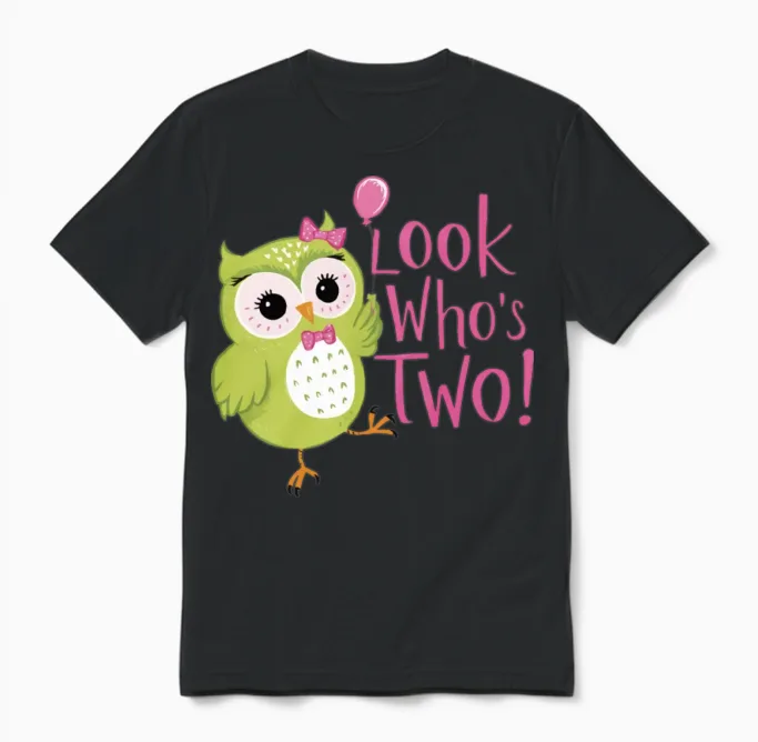 Cute Owl Look Who Is Turning 2 | 2nd Birthday Unisex T-Shirt in Black