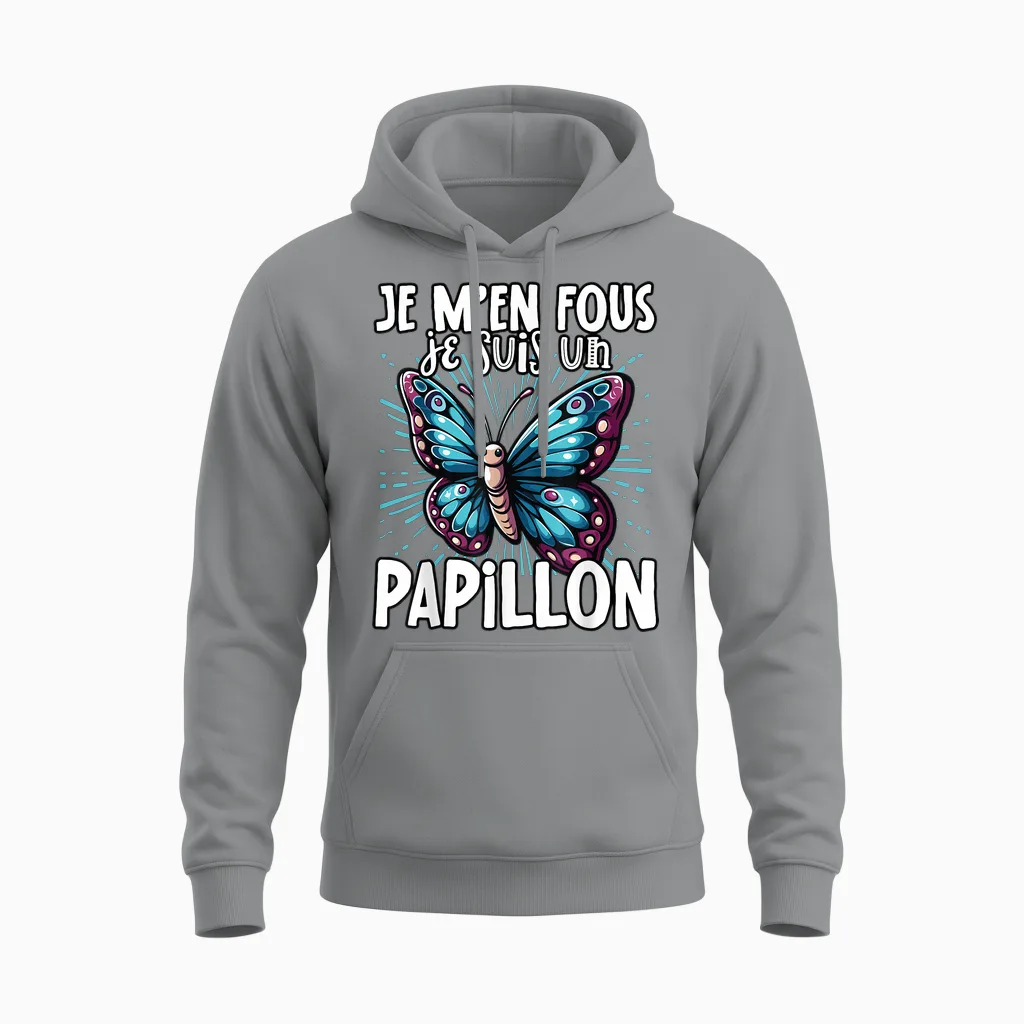 Je M'en Fous Je Suis Un Papillon - Cute Butterfly T-Shirt, Black, S Unisex Hoodie in Sport Grey