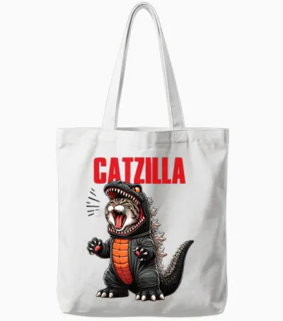 Cute Kitty Catzilla T-Shirt for Cat Moms & Dads Tote Bags - White