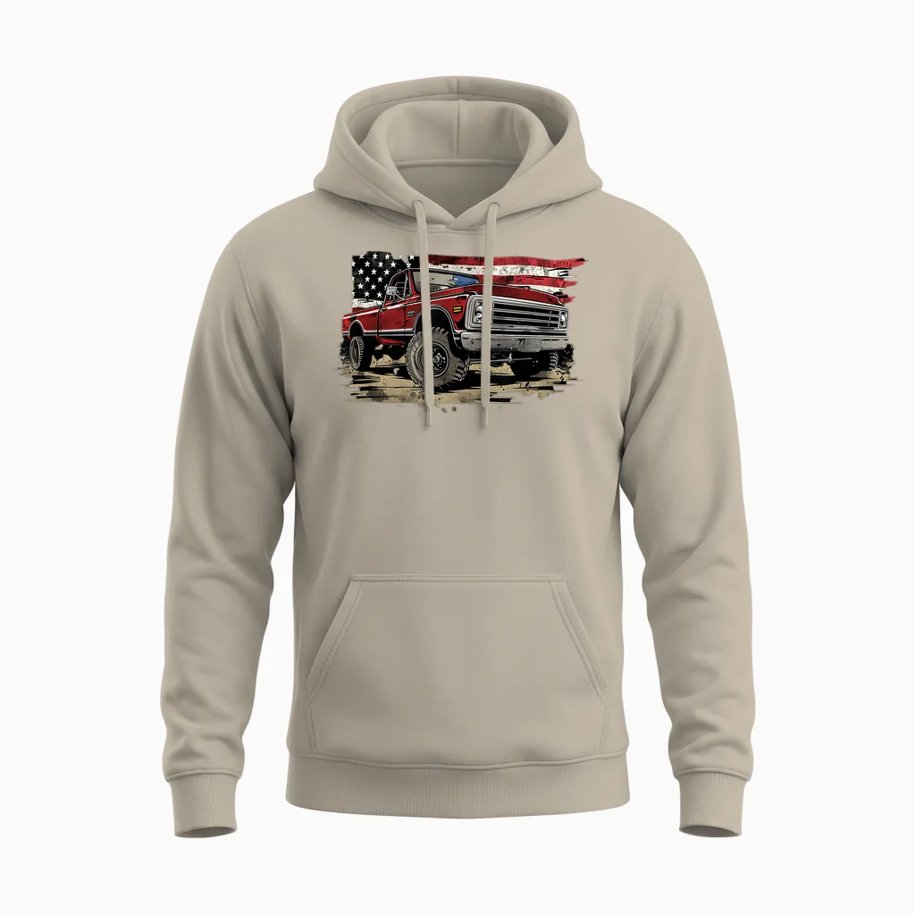 Vintage Pickup Truck with Flag Patriotic Style Women Girls Kids Men Unisex Hoodie in Sand