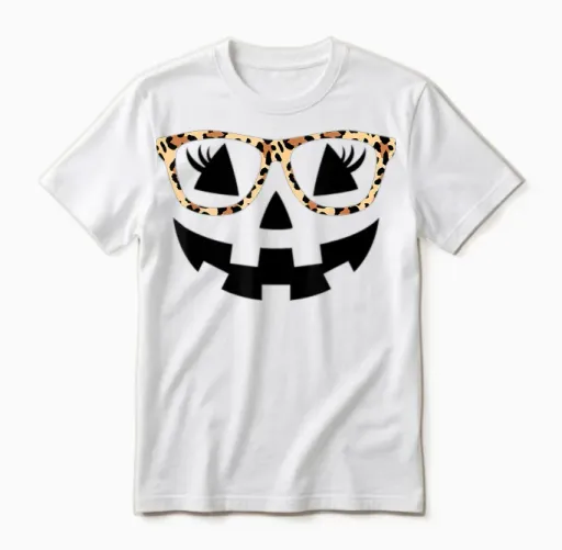 Jack O Lantern Face Pumpkin Hallowen Leopard Print Glasses Unisex T-Shirt in White