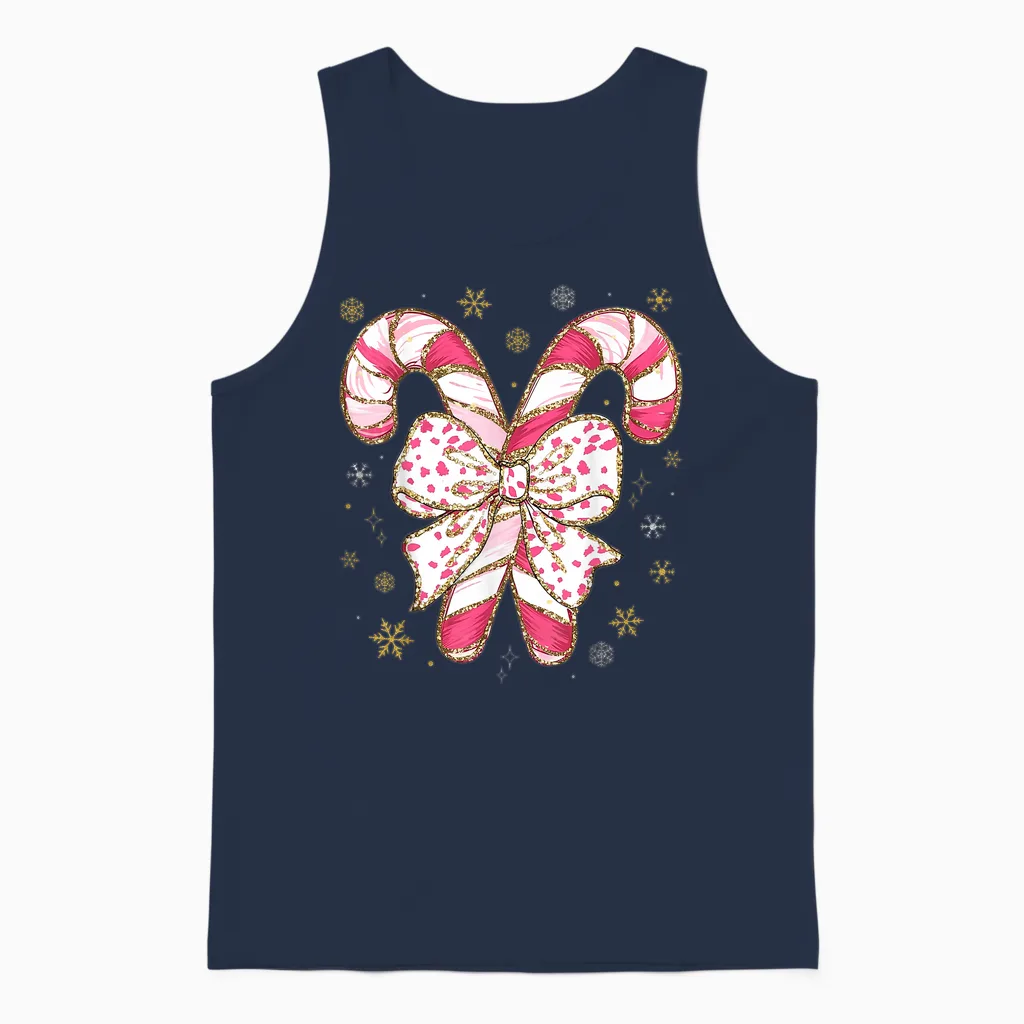 Cute Pink Coquette Bow Candy Cane Christmas Girls Women Unisex Tank Top in Navy