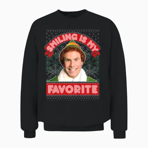 Kids Elf Buddy Smiling Is My Favorite Christmas Unisex Sweatshirt - Black