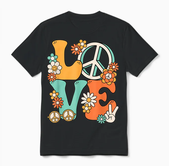 60s 70s Hippie Love Peace Groovy Party Outfit Retro T-Shirt, Black Unisex T-Shirt in Black