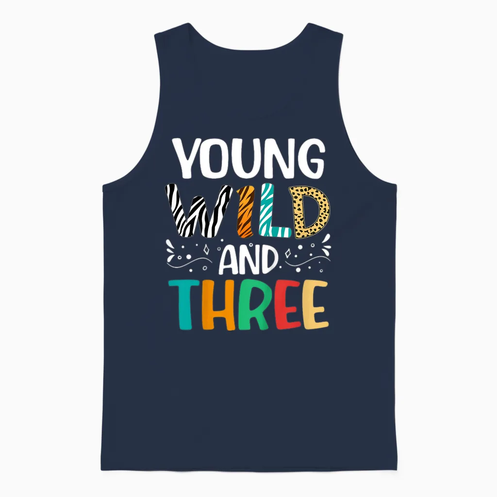 Kids Young Wild and Three Funny 3 Year Old Girl 3rd Birthday Unisex Tank Top in Navy