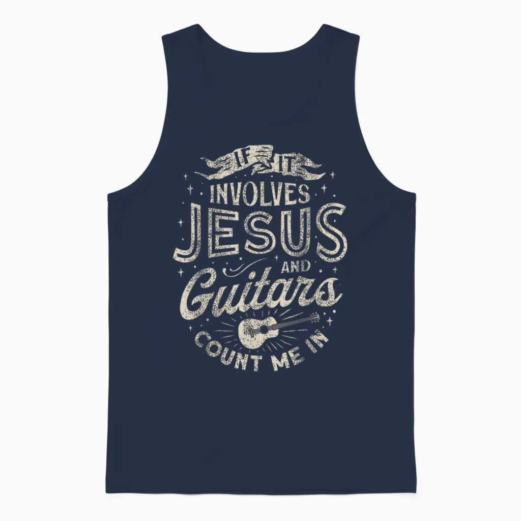 If It Involves Jesus and Guitars Guitarist Christian Music Unisex Tank Top in Navy