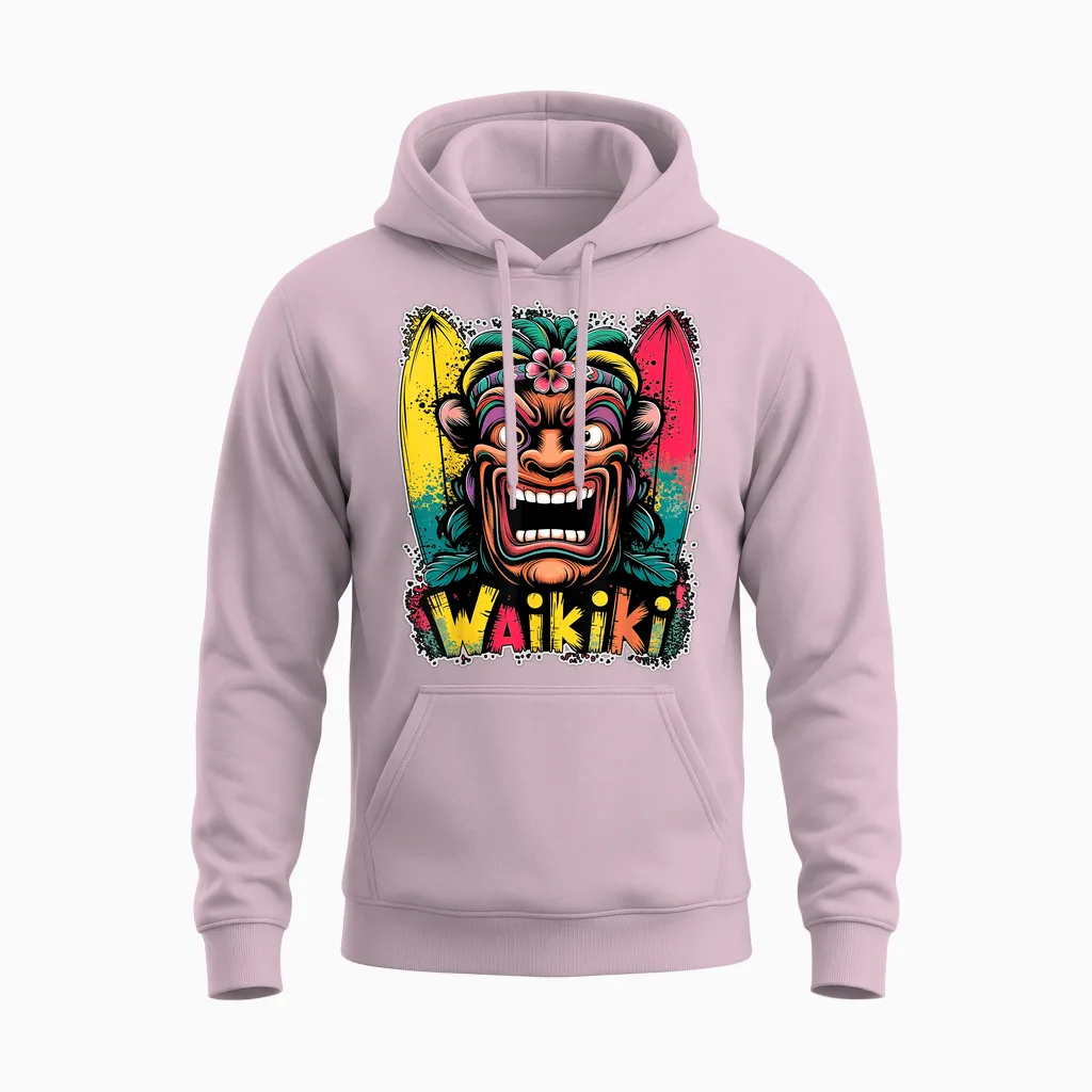 Mask Vintage Waikiki Tiki Surfer Hawaii Tropical Retro Unisex Hoodie in Light Pink