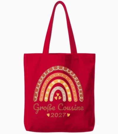 Große Cousine 2027 Regenbogen Nachwuchs Verkünden Kinder Tote Bags - Red