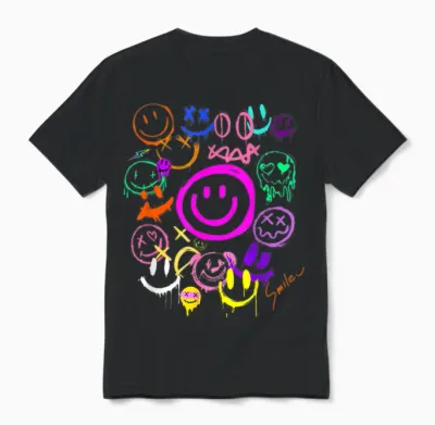 Smile Face Emoticons Fun Vivid Graffiti Smiley Face Graphic T-Shirt, Black, S Unisex T-Shirt - Black
