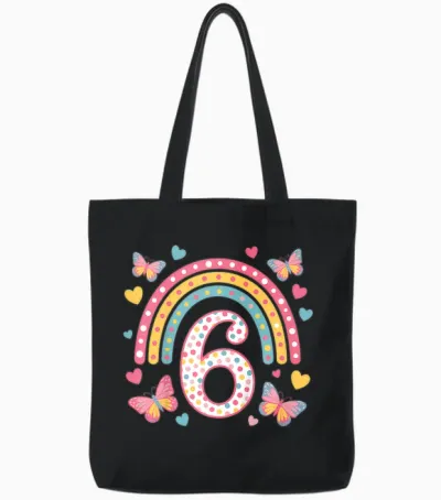 6. Geburtstag Regenbogen Schmetterlinge Herzen Geburtstags Tote Bags - Black