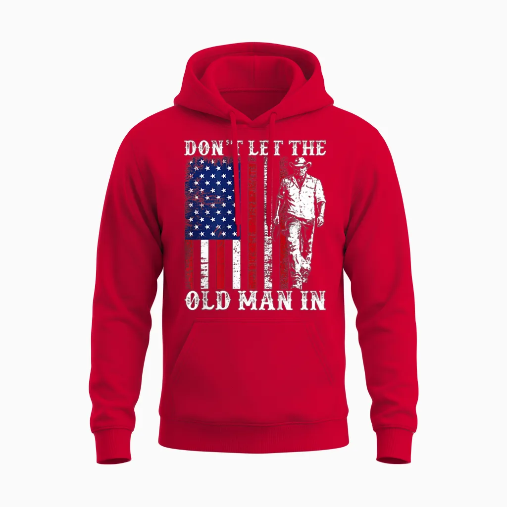Don't Let the Old Man in Vintage American Flag Fathers Day Unisex Hoodie in Red