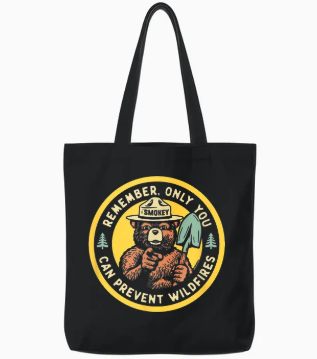 Remember Only You Can Prevent Wildfires Pointing Smokey Bear Tote Bags in Black