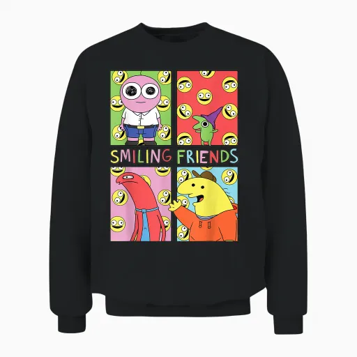Smiling Friends Pop Art Character Grid Funny Cartoon Unisex Sweatshirt - Black