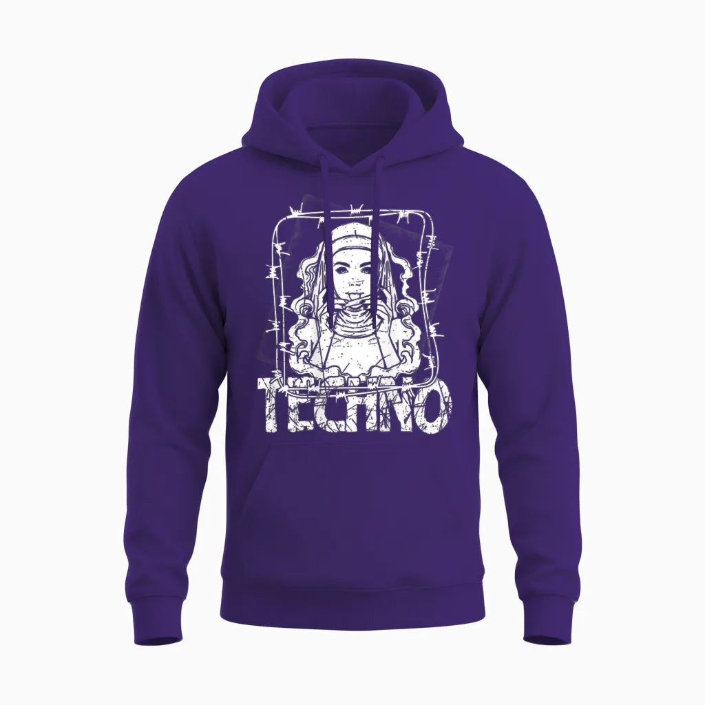 Backprint Techno Merch Rave Kleidung 200 Bpm Techno Nonne Unisex Hoodie in Purple