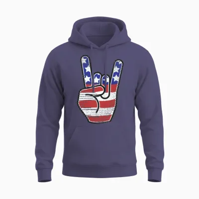 Rock N Roll Usa Flag Horns Sign Retro Concert Band Unisex Hoodie - Heather Sport Dark Navy