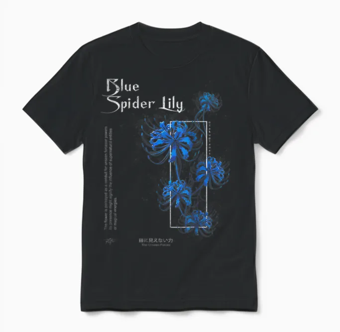 Japanese Blue Spider Lily in Anime Soft Grunge Aesthetic T-Shirt, Black Unisex T-Shirt in Black