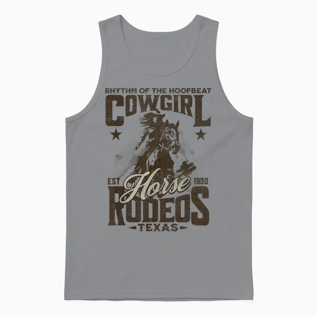 Rhythm of the Hoofbeat Cowgirl Horse Rodeos Texas Pferd Unisex Tank Top in Sport Grey