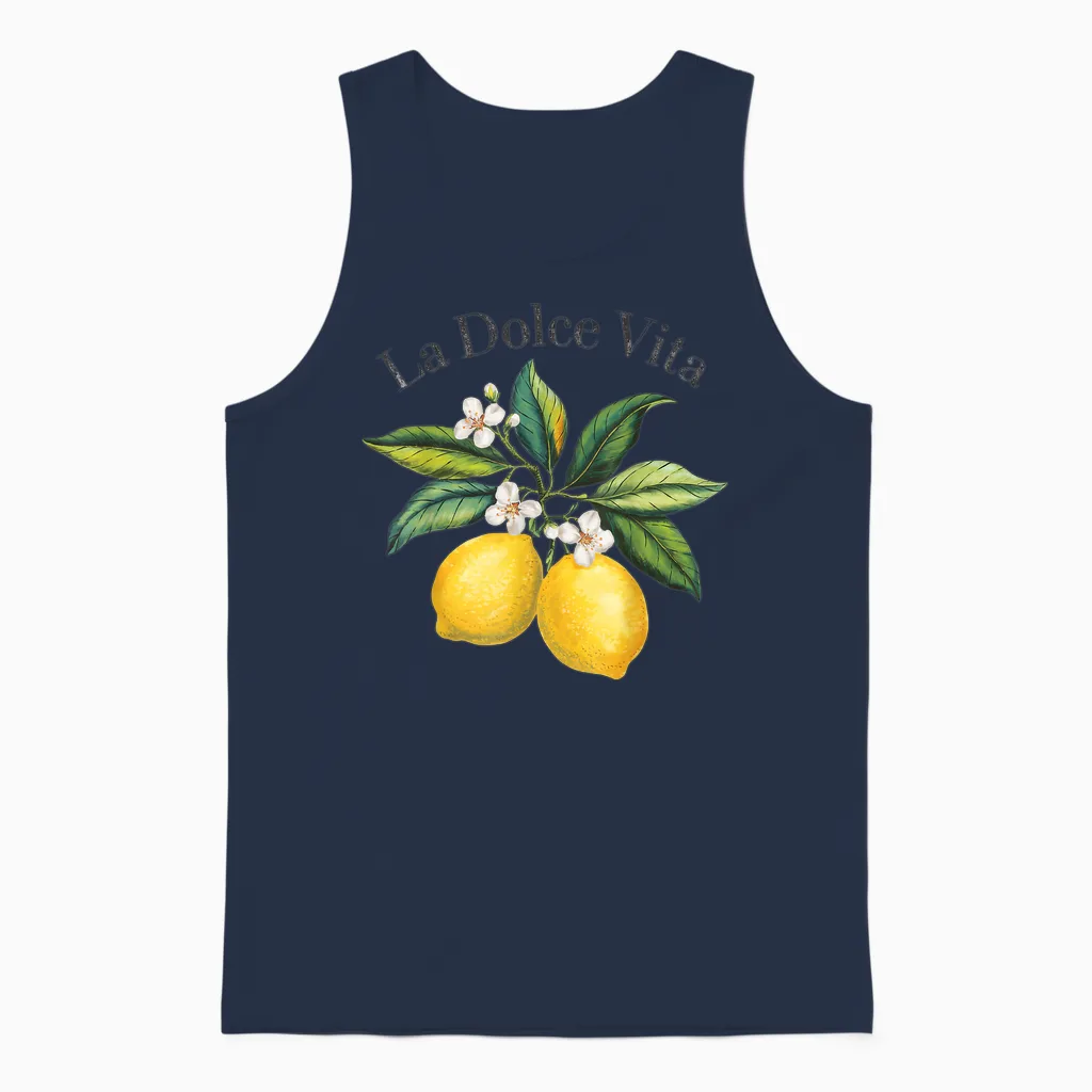 La Dolce Vita Lemon Italian Summer Limoncello Amalfi Coast T-Shirt, White, S Unisex Tank Top in Navy