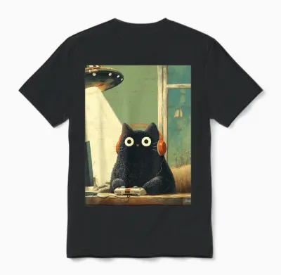 Japanische Schwarze Gamer Cat Videospiele Abduktion Ufo Space Unisex T-Shirt - Black