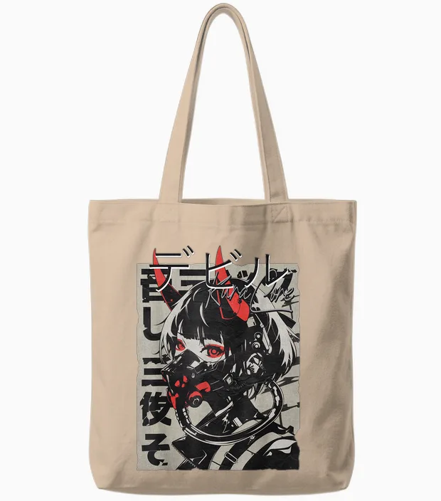 Anime Manga Streetwear Cyberpunk Aesthetic Techwear Harajuku T-Shirt, Black Tote Bags in Natural