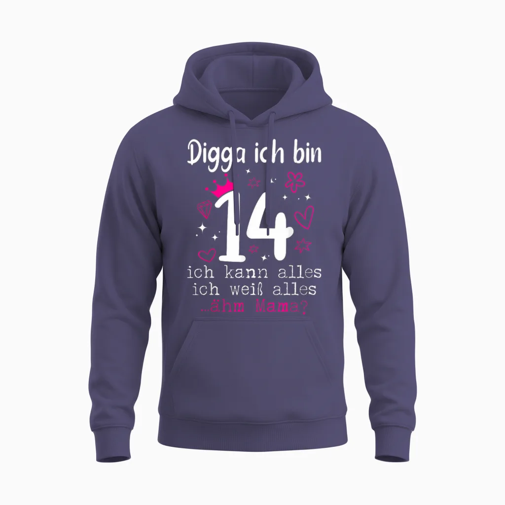 14th Birthday Girl Digga I Am 14 Years Teenager Unisex Hoodie in Heather Sport Dark Navy
