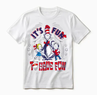 Dr. Seuss Cat in the Hat Fun to Have Fun Officially Licensed Unisex T-Shirt - White