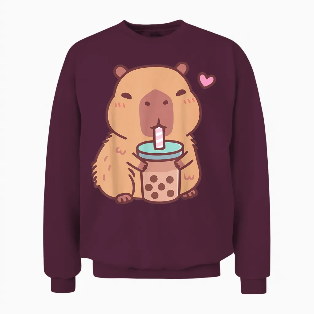 Cute Capybara Kawaii Anime Drinking Bubble Tea Lover Girls Unisex Sweatshirt in Maroon