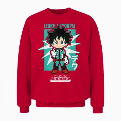 My Hero Academia Chibi Deku Kanji and Starburst Anime Unisex Sweatshirt - Red