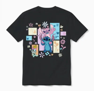 Disney Stitch & Angel Spring Easter Friendly Flower Faces Unisex T-Shirt - Black