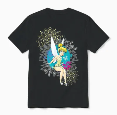 Tinkerbell Floral Pattern T-Shirt, Black, S Unisex T-Shirt - Black