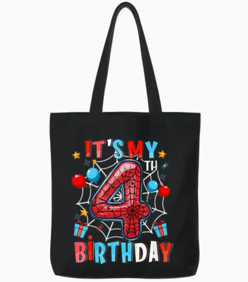 Kids It's My 4th Birthday Spider Web Theme Party 4 Years Old Boys Tote Bags in Black