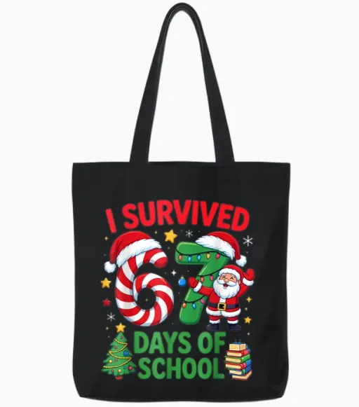 I Survived 67 Days of School Christmas Candy Cane Six Seven Tote Bags - Black