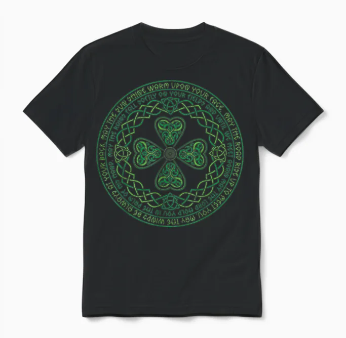 Celtic Knot Irish Blessing 4 Leaf Clover Ireland St Patricks Unisex T-Shirt in Black