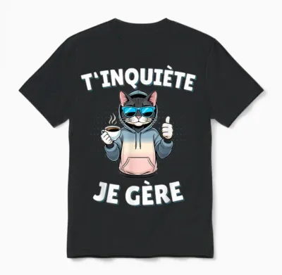 T'inquiète Je Gère – Funny Cat Funny Gift T-Shirt, Black, S Unisex T-Shirt - Black
