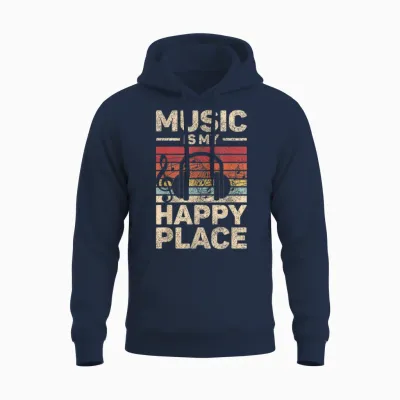 Music Is My Happy Place Musician Outfit Edm Music Lovers Dj Unisex Hoodie - Navy