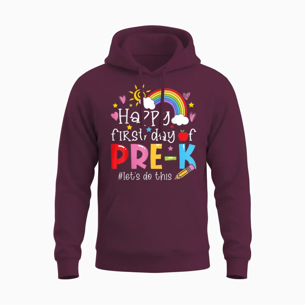 Happy First Day of Pre-K Pencil Teacher Kids Back to School Unisex Hoodie in Maroon