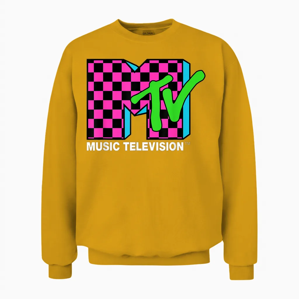 Classic Mtv Logo Pink and Blue Check Unisex Sweatshirt in Gold