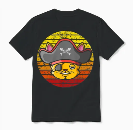 Pirate Cat Retro Lovers Gift Unisex T-Shirt in Black
