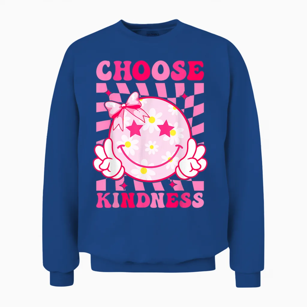 Choose Kindness Smile Face Groovy Be Kind Inspirational Unisex Sweatshirt in Royal