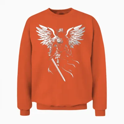 Saint Michael the Archangel Warrior Protector Design on the Back T-Shirt, Black, S Unisex Sweatshirt - Orange