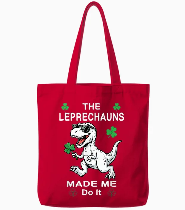 St Patricks Day Boys Kids Dinosaur Leprechauns Made Me Do It Tote Bags in Red
