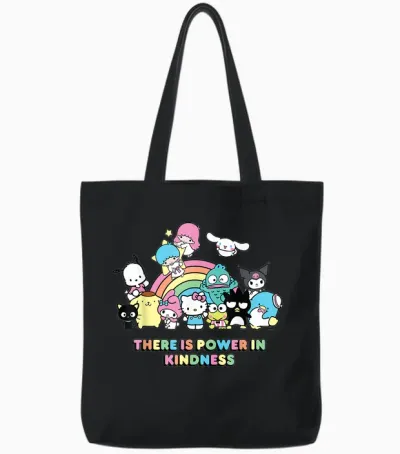 Sanrio Hello Kitty & Friends Power in Kindness Black Classic Fit T-Shirt, Crew Neck, Short Sleeve Tote Bags - Black