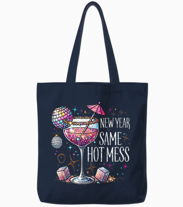New Year Same Hot Mess Martini Cocktail New Year Women Tote Bags in Navy