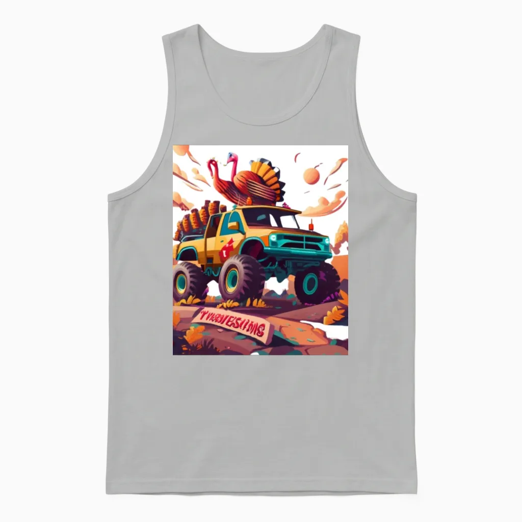 Monster Truck Turkey Thanksgiving Unisex Tank Top in Ash