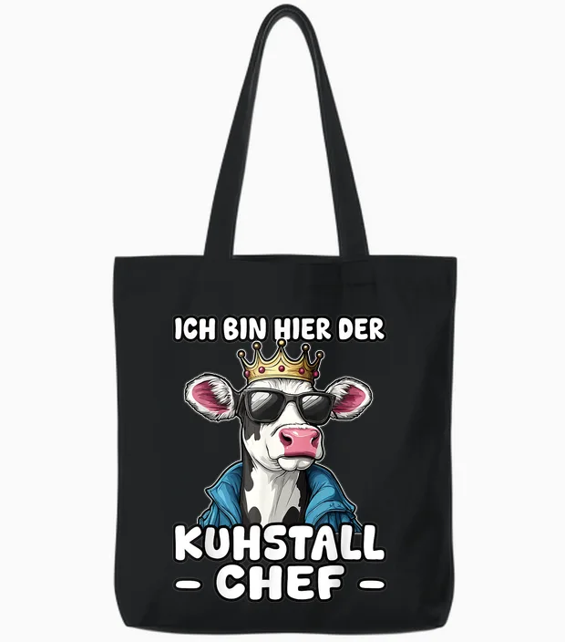 T-Shirt with German Text "kuhstall Chef | Leadership Farmers Dairy Farmers, Black, S Tote Bags in Black