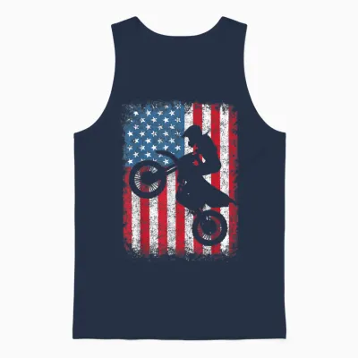 Dirt Bike Motocross Biker American Flag 4th of July Boys Men Unisex Tank Top - Navy