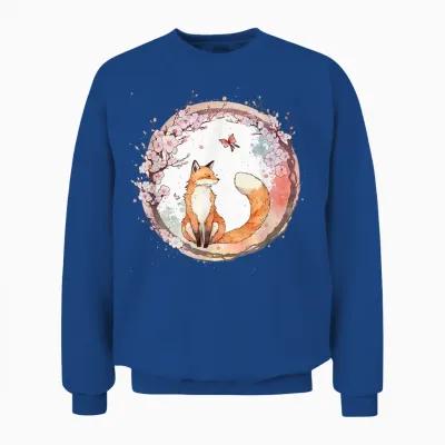 Kawaii Japanese Fox Butterfly Cherry Blossom T-Shirt, Black Unisex Sweatshirt - Royal